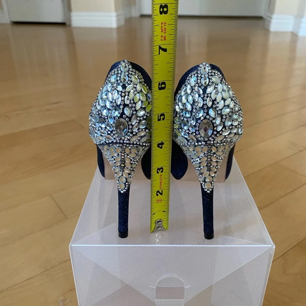 Women's Navy Glitter Peep-Toe Heels with Crystal Accent